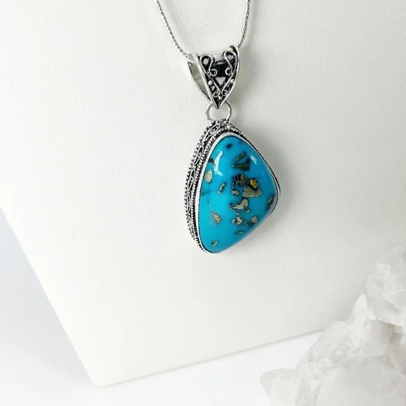 PERSIAN Turquoise Chunky Asymmetrical Gemstone Pendant Necklace Silver 925 New - Picture 5 of 11